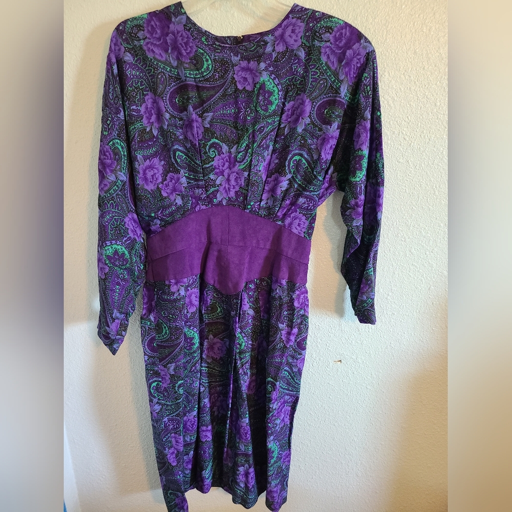 Vintage 80s Jessica Cole Purple and Green Dolman Sleeve Maxi Dress